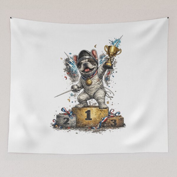 Item preview, French Bulldog Fencing Champion on Podium designed and sold by ChillCharmStudio.
