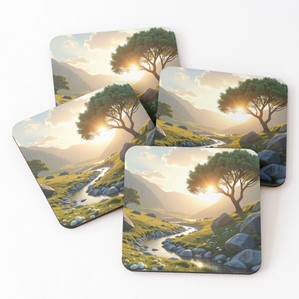 Item preview, Peaceful Mountain Stream Sunrise Nature Landscape Art designed and sold by Wild Bloom Paws.