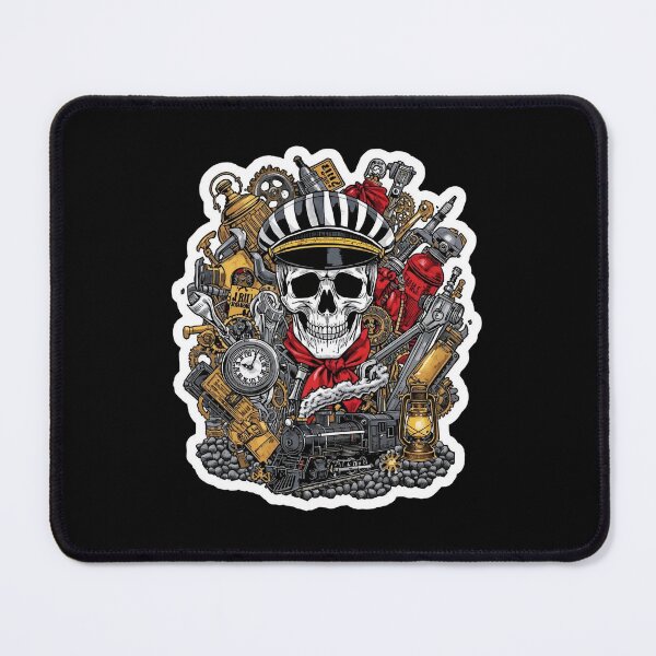 Item preview, Railroad Conductor Skull and Retro Locomotive designed and sold by Bone & Blade.