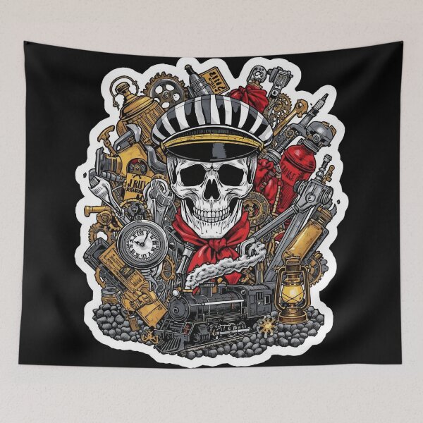 Item preview, Railroad Conductor Skull and Retro Locomotive designed and sold by Bone & Blade.