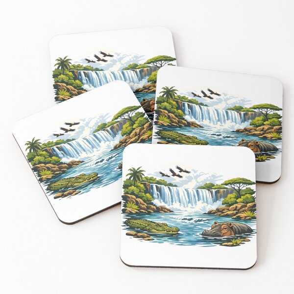 Item preview, Zambezi River Wildlife Waterfall – African Nature Illustration designed and sold by KivaroArt.