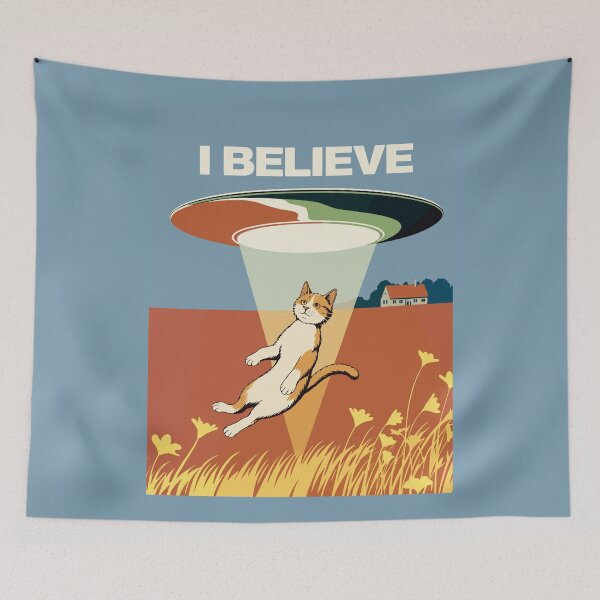 Item preview, "I Believe". UFO Cat Abduction T-Shirt – Funny Alien Encounter Graphic designed and sold by paulo silveira.