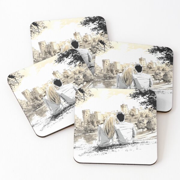 Item preview, Romantic Castle View - Couple by the River Watercolor Art designed and sold by Banal25.