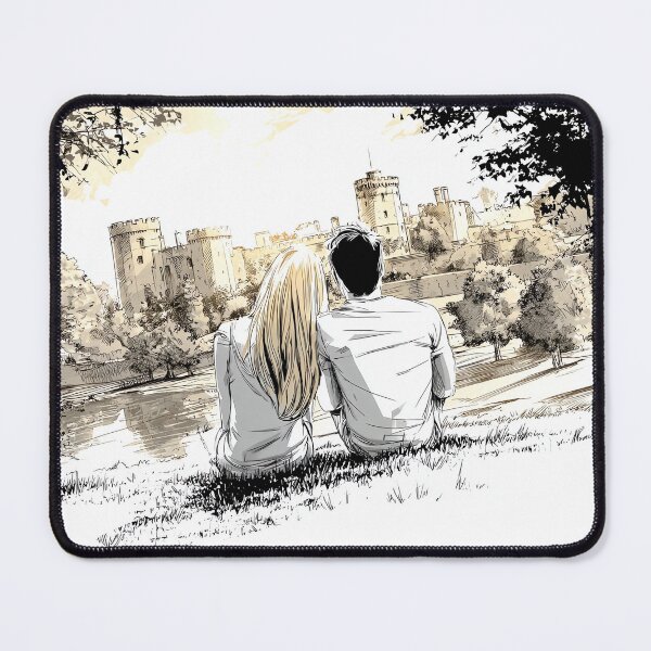 Item preview, Romantic Castle View - Couple by the River Watercolor Art designed and sold by Banal25.