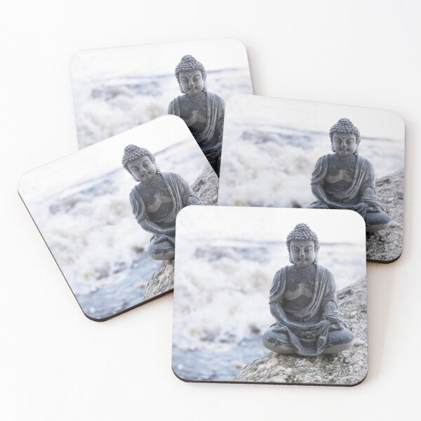 Item preview, Buddha statue on rocks, turbulent sea in the background designed and sold by V. Matthiesen.