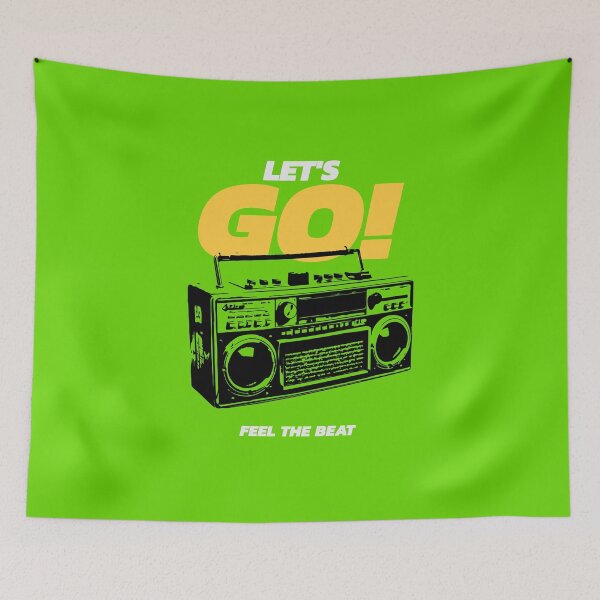 Item preview, Silhouette of a vintage BoomBox radio and the English text "Let's go, feel the beat" designed and sold by Pics'Elle Creations.