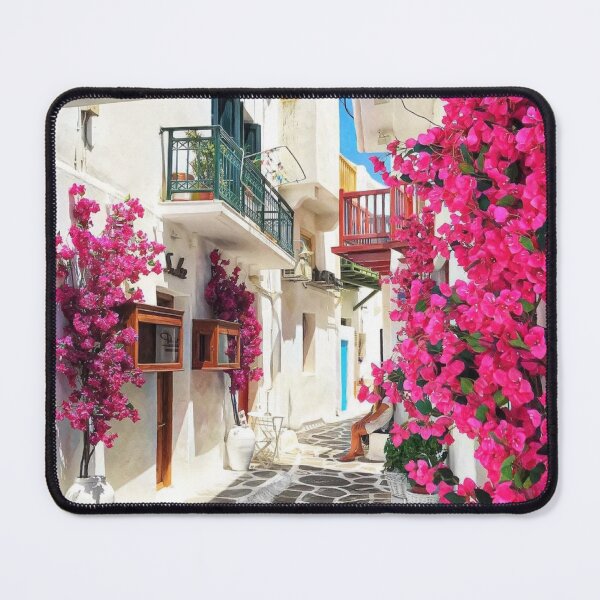 Item preview, Mykonos Greece Bougainvillea Alley White Village Photography designed and sold by SofiaStutio.