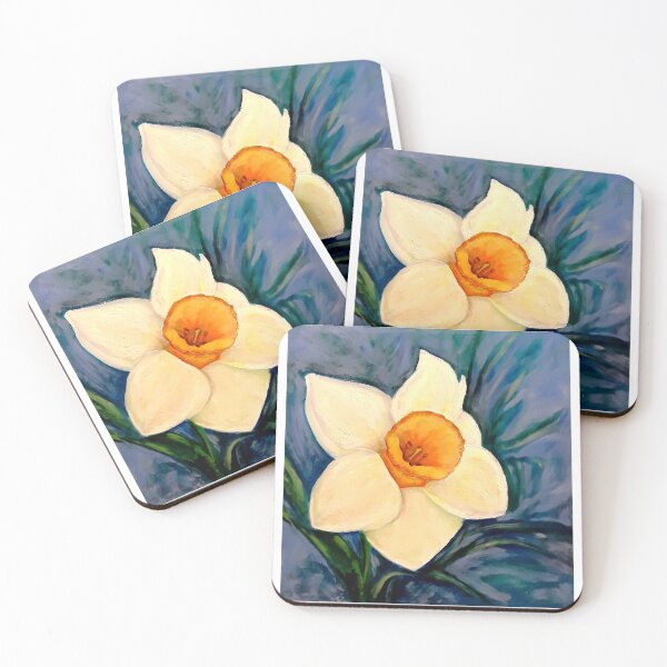 Item preview, White Petal and Orange Cup Daffodil Oil Painting – Spring Floral Artwork in Creams, Blues, and Greens designed and sold by ajoann.