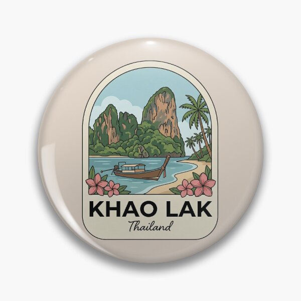 Item preview, Khao Lak Thailand Vintage Travel Badge, Tropical Beach, Long-tail Boat and Palm Trees designed and sold by InvestingRoad.