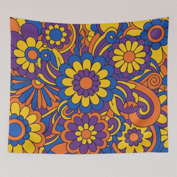 Item preview, Retro 70s Psychedelic Flower Power: Groovy Floral Pattern in Blue, Orange, and Purple designed and sold by DeeLulu.