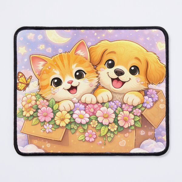 Item preview, Flower Box Friends – Cute Kitten & Puppy in a Magical Garden | Kawaii Furfolkz Cozy Friendship Art designed and sold by Furfolkz.