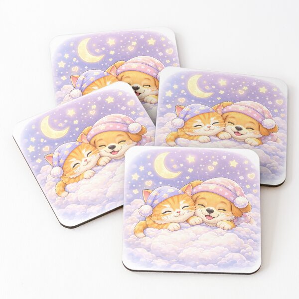 Item preview, Sweet Dreams Pals – Cute Sleeping Kitten & Puppy on Cloud | Kawaii Furfolkz Bedtime Art designed and sold by Furfolkz.