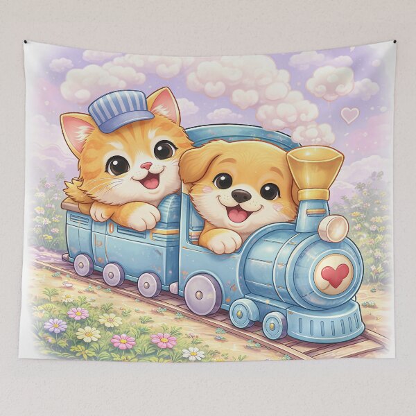 Item preview, Adventure Express – Cute Kitten & Puppy Riding a Magical Train | Kawaii Furfolkz Friendship Journey Art designed and sold by Furfolkz.