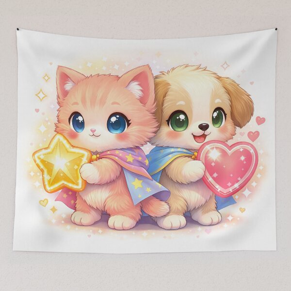 Item preview, Star & Heart Heroes – Cute Kitten and Puppy Superhero Best Friends | Kawaii Furfolkz Hero Art designed and sold by Furfolkz.