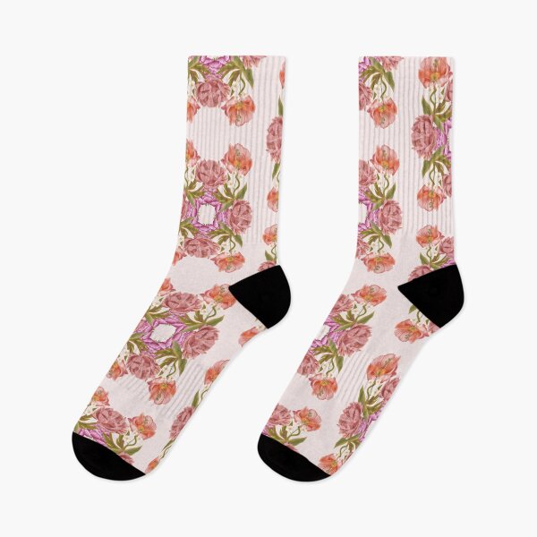 Item preview, Botanical illustration with lush pink peonies, orange poppies, white flowers, green leaves designed and sold by Grin Katalina Floral Patterns & Cozy Art.