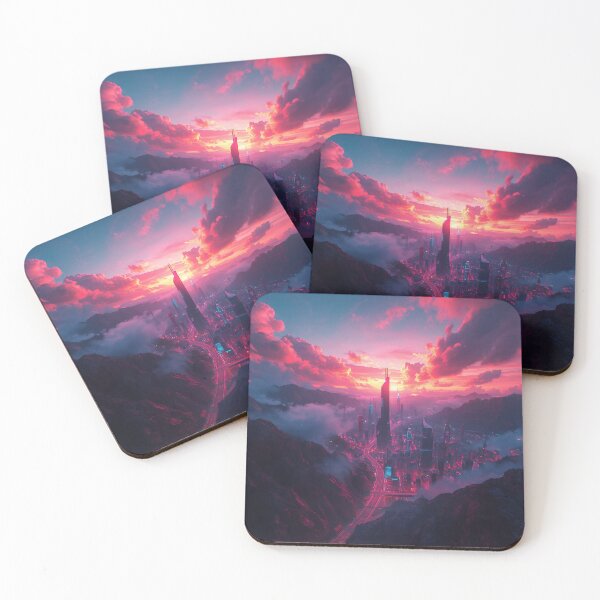 Item preview, Neon Megacity at Sunset Between Mountains designed and sold by athanasioungr.