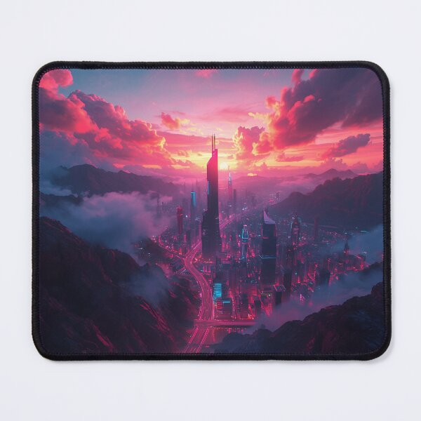 Item preview, Neon Megacity at Sunset Between Mountains designed and sold by athanasioungr.