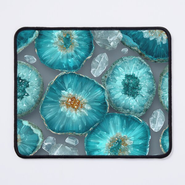 Item preview, Vivid Turquoise Blue Geode Slices and Clear Crystal Quartz Clusters on a Cool Gray Background designed and sold by meganohm.