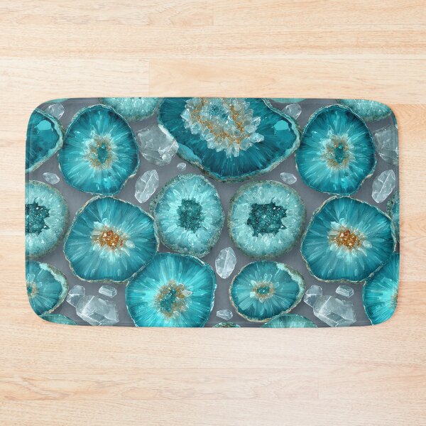 Item preview, Vivid Turquoise Blue Geode Slices and Clear Crystal Quartz Clusters on a Cool Gray Background designed and sold by meganohm.