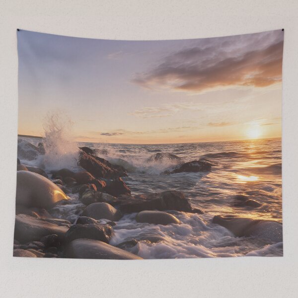 Item preview, Golden Sunset Waves on Rocks – Serene Coastal Glow designed and sold by EK-World.