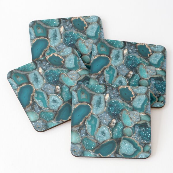 Item preview, Natural Crystal Geode Cross-Sections in Teal and Aqua Blue with Sparkling Quartz Textures and Golden Lining Details designed and sold by meganohm.