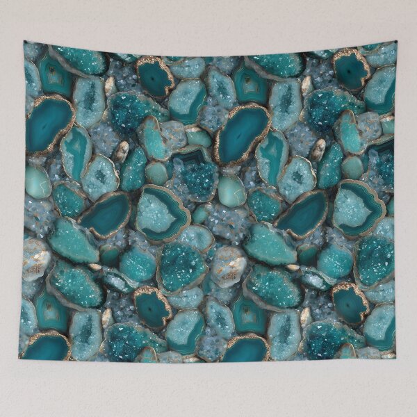 Item preview, Natural Crystal Geode Cross-Sections in Teal and Aqua Blue with Sparkling Quartz Textures and Golden Lining Details designed and sold by meganohm.