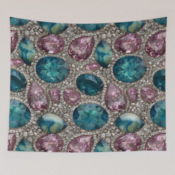 Item preview, Turquoise and Blush Pink Gemstone Cluster Texture With Sparkling Crystals, White Pearls, Teal Jewels and Elegant Luxe Jewelry Pattern designed and sold by meganohm.