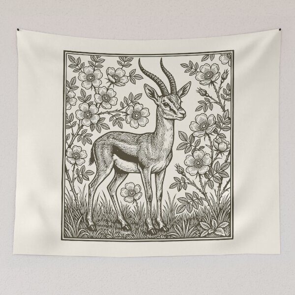 Item preview, Floral Gazelle Linocut Style Retro Roses Cottagecore    designed and sold by Y-Vibes.