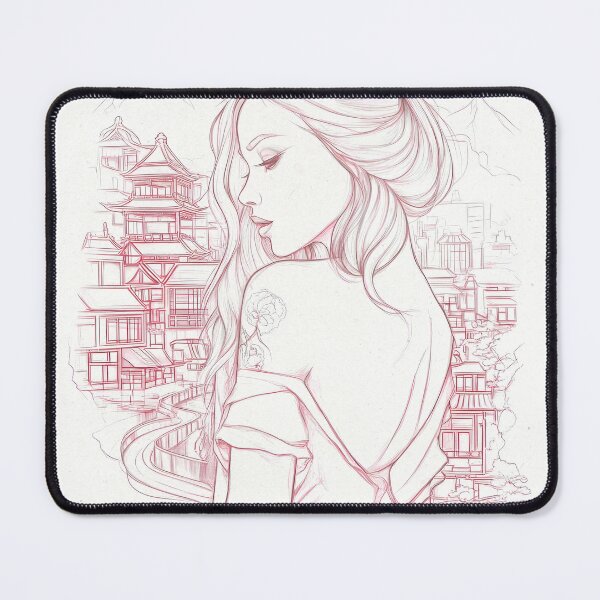 Item preview, Zen Girl Line Art | Ethereal Woman Portrait with Oriental Cityscape designed and sold by FlowNestStudio.