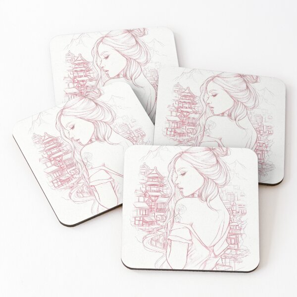 Item preview, Zen Girl Line Art | Ethereal Woman Portrait with Oriental Cityscape designed and sold by FlowNestStudio.