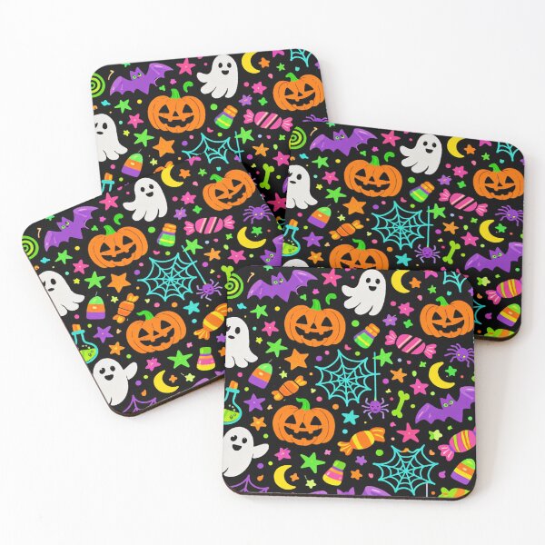 Item preview, Neon Halloween Doodles Pattern with ghosts and pumpkins designed and sold by SassyArtistry.