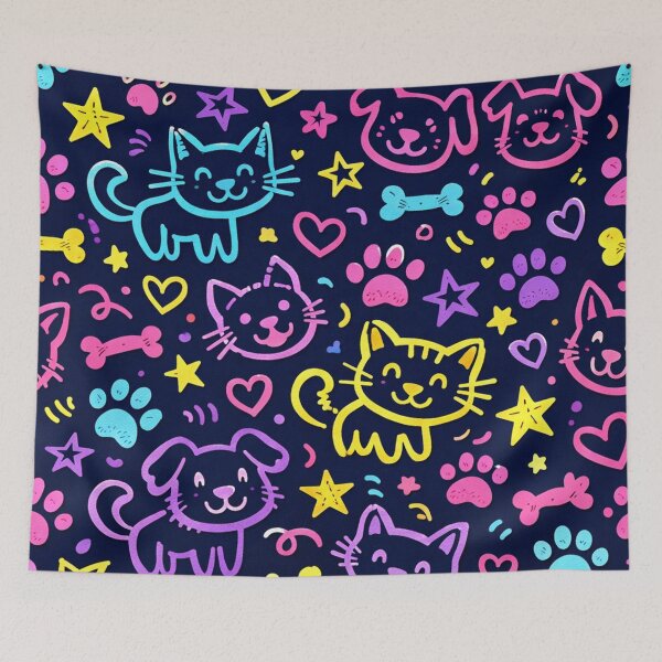 Item preview, Neon Pet Cat Dog Doodles Pattern designed and sold by SassyArtistry.
