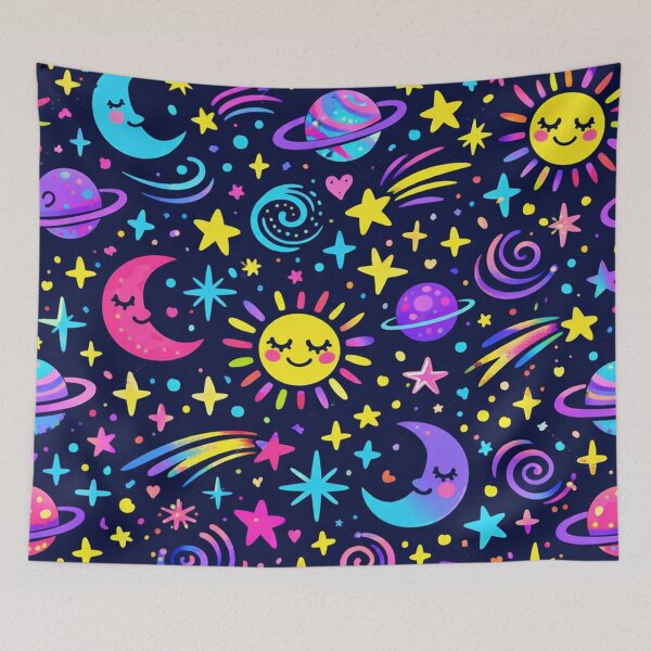 Item preview, Neon Space Planets Sun Moon Pattern designed and sold by SassyArtistry.