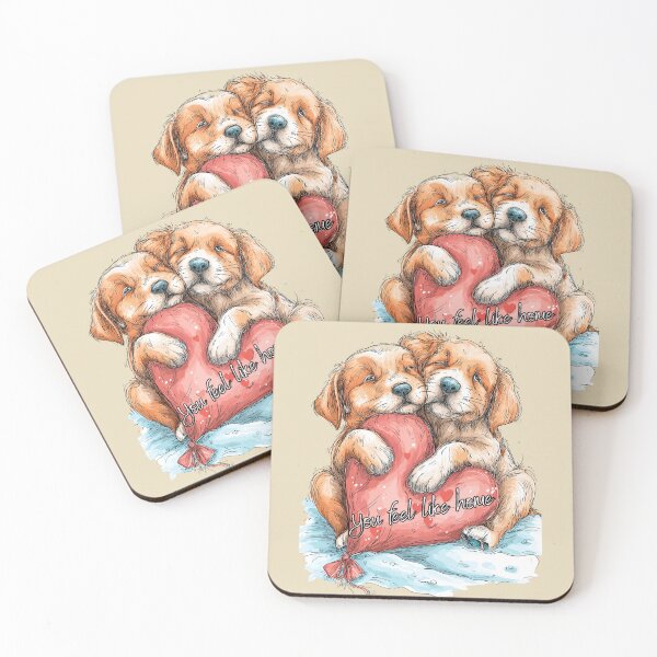 Item preview, You Feel Like Home - Loving Couple Puppies Hugging a Heart Balloon | Gift for Her or Him designed and sold by PopsiclesArtStudio.