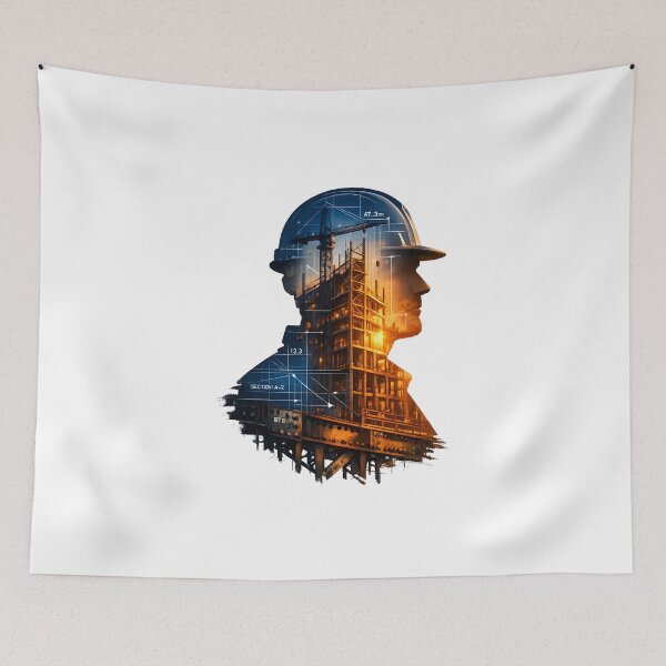 Item preview, Construction Worker Silhouette – Architectural Blueprint Double Exposure Art designed and sold by BTBArtwork.