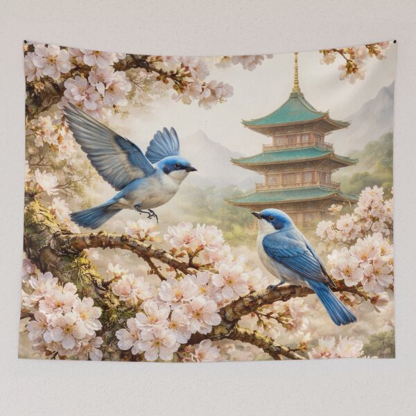 Item preview, Bluebirds in a Flowering Tree with Pagoda designed and sold by Myra365Art.