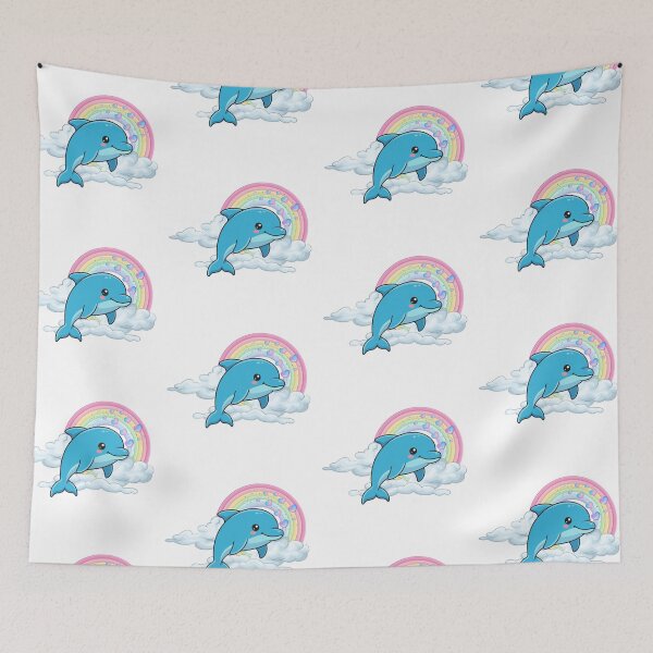Item preview, Rainbow Dolphin - Cute Blue Dolphin Jumping through Clouds and Hearts designed and sold by Love3Happy.
