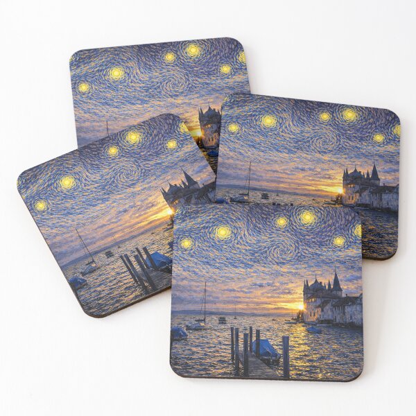 Item preview, Van Gogh Style Starry Night Over Steckborn, Switzerland – Dreamy Lakeside City Art designed and sold by BabyTiger-.