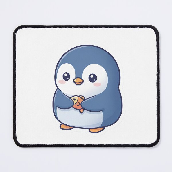 Item preview, kawaii penguin holding a tiny fish, soft blue tones, chubby body, white cutout outline designed and sold by AwesomeArtist26.