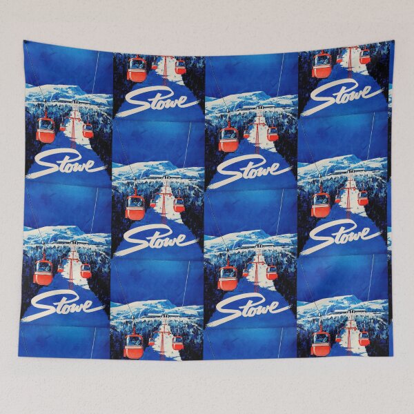 Item preview, Vintage Ski Poster | Mid-Century Travel Art | Gondola Lift System | Stowe Resort | Blue & White Winter Scene | Skiing Decor designed and sold by artofuniverse.