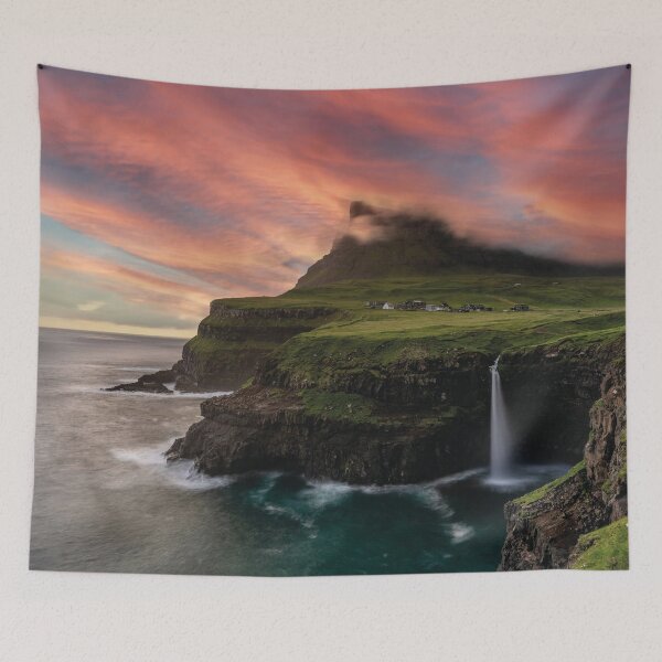 Item preview, Múlafossur Waterfall – Magical sunset in the Faroe Islands designed and sold by Mauswohn.
