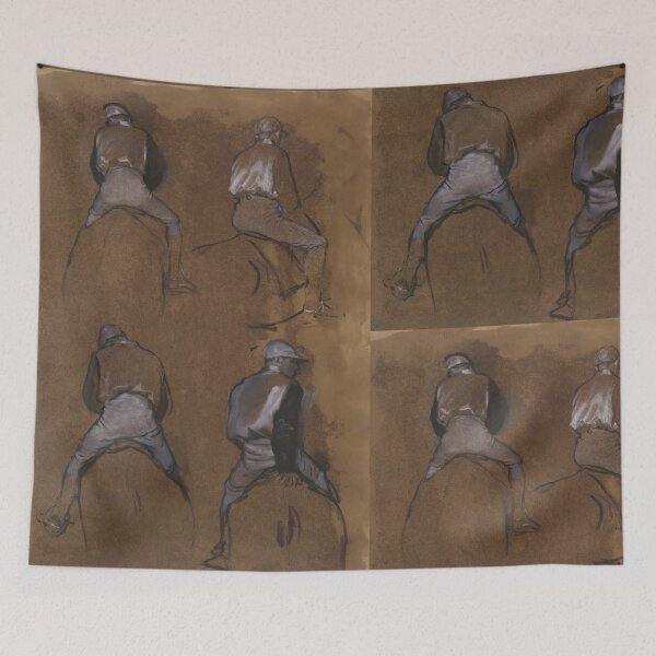 Aperçu de l'œuvre Quatre études de jockey par Edgar Degas : Affiche impressionniste équestre créée et vendue par artofuniverse.