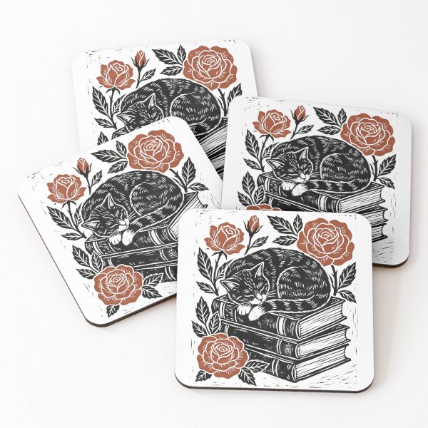 Item preview, Rustic Linocut Black Cat on Books with Roses designed and sold by EverBranz-stor.