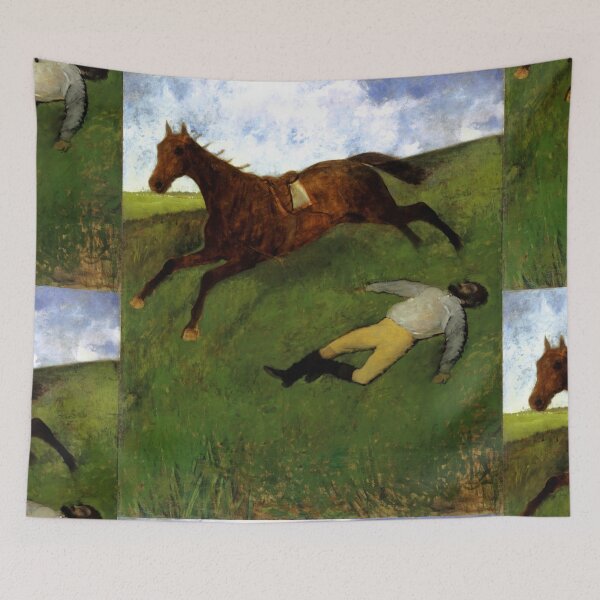 Aperçu de l'œuvre Le Jockey blessé d'Edgar Degas : Tableau impressionniste équestre dramatique créée et vendue par artofuniverse.