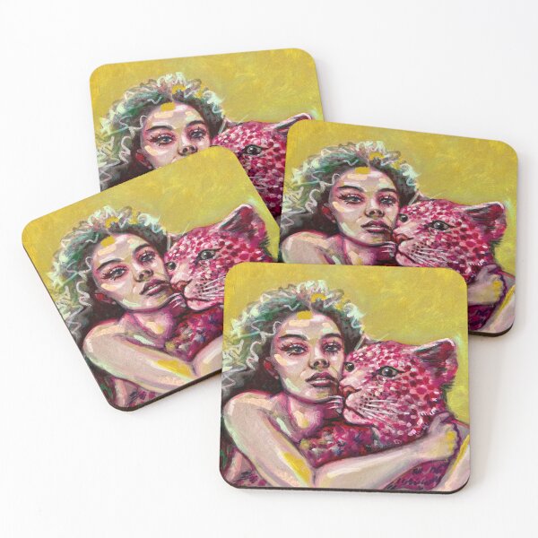 Item preview, Woman with Pink Leopard – Powerful Bond | Expressive Modern Art designed and sold by MontekkiArt.
