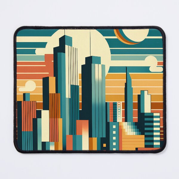Item preview, Retro Geometric City Skyline Sunset in Teal and Orange designed and sold by InkSmithery.