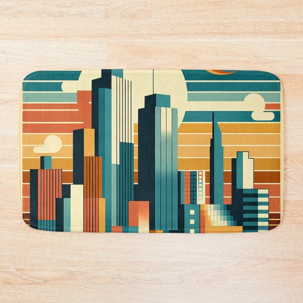 Item preview, Retro Geometric City Skyline Sunset in Teal and Orange designed and sold by InkSmithery.