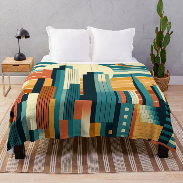 Item preview, Retro Geometric City Skyline Sunset in Teal and Orange designed and sold by InkSmithery.