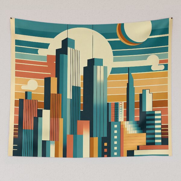 Item preview, Retro Geometric City Skyline Sunset in Teal and Orange designed and sold by InkSmithery.