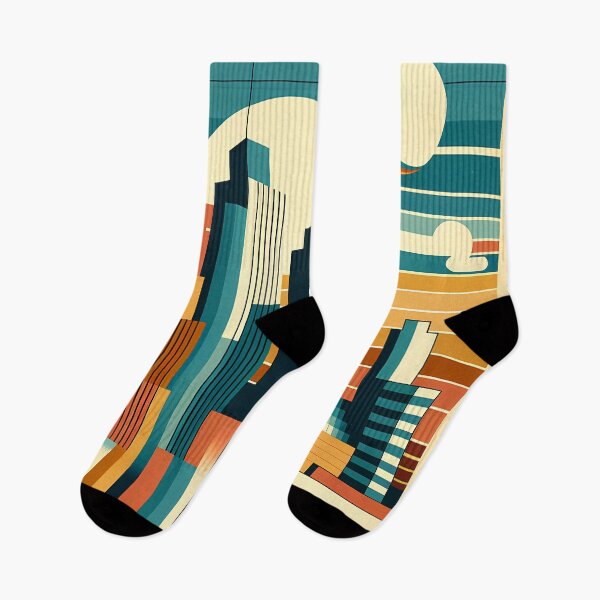 Item preview, Retro Geometric City Skyline Sunset in Teal and Orange designed and sold by InkSmithery.